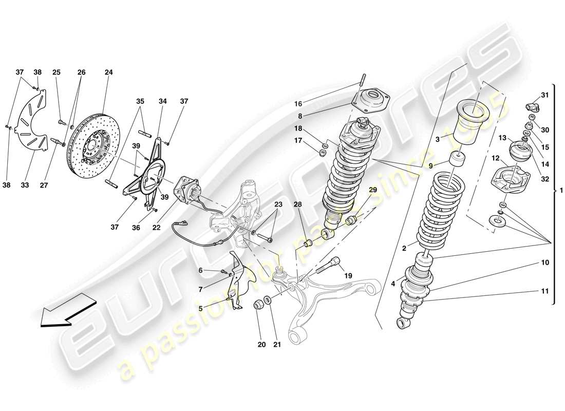 ferrari 599 gto (europe) sospensione anteriore - ammortizzatore e disco freno schema delle parti