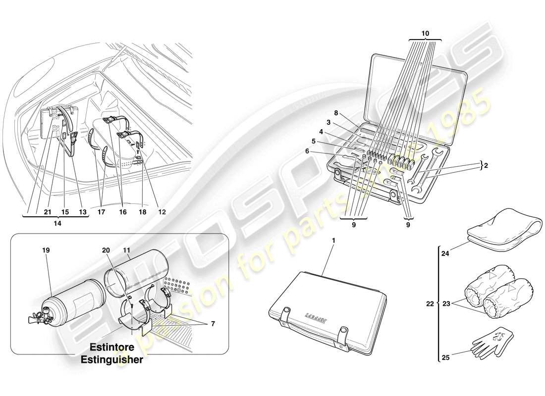 ferrari f430 spider (rhd) mit dem fahrzeug gelieferte werkzeuge und zubehör teilediagramm