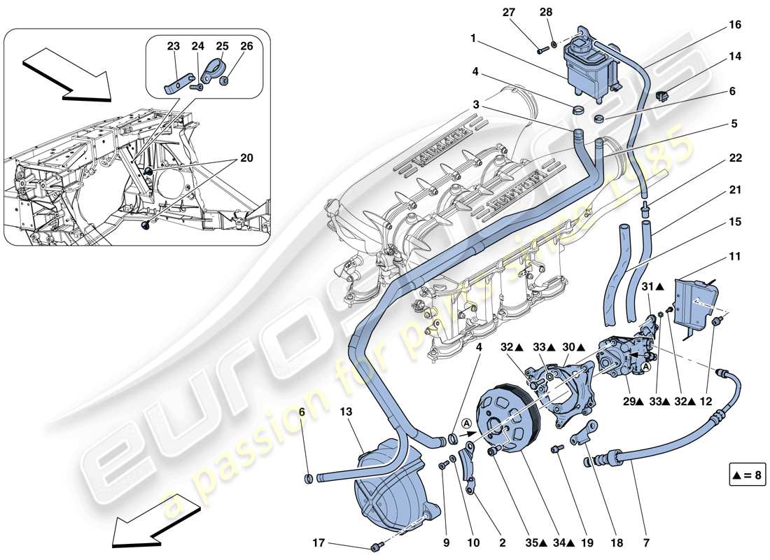 ferrari 458 speciale (rhd) pompa del servosterzo e serbatoio schema delle parti