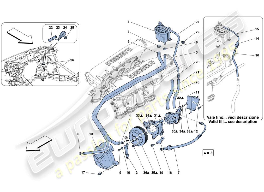 ferrari 458 spider (rhd) pompa del servosterzo e serbatoio schema delle parti