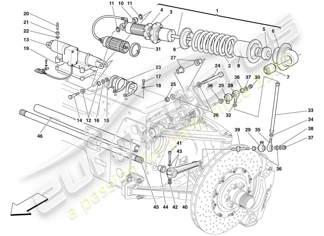 maserati mc12 sospensione anteriore: schema delle parti dell'ammortizzatore e della barra stabilizzatrice