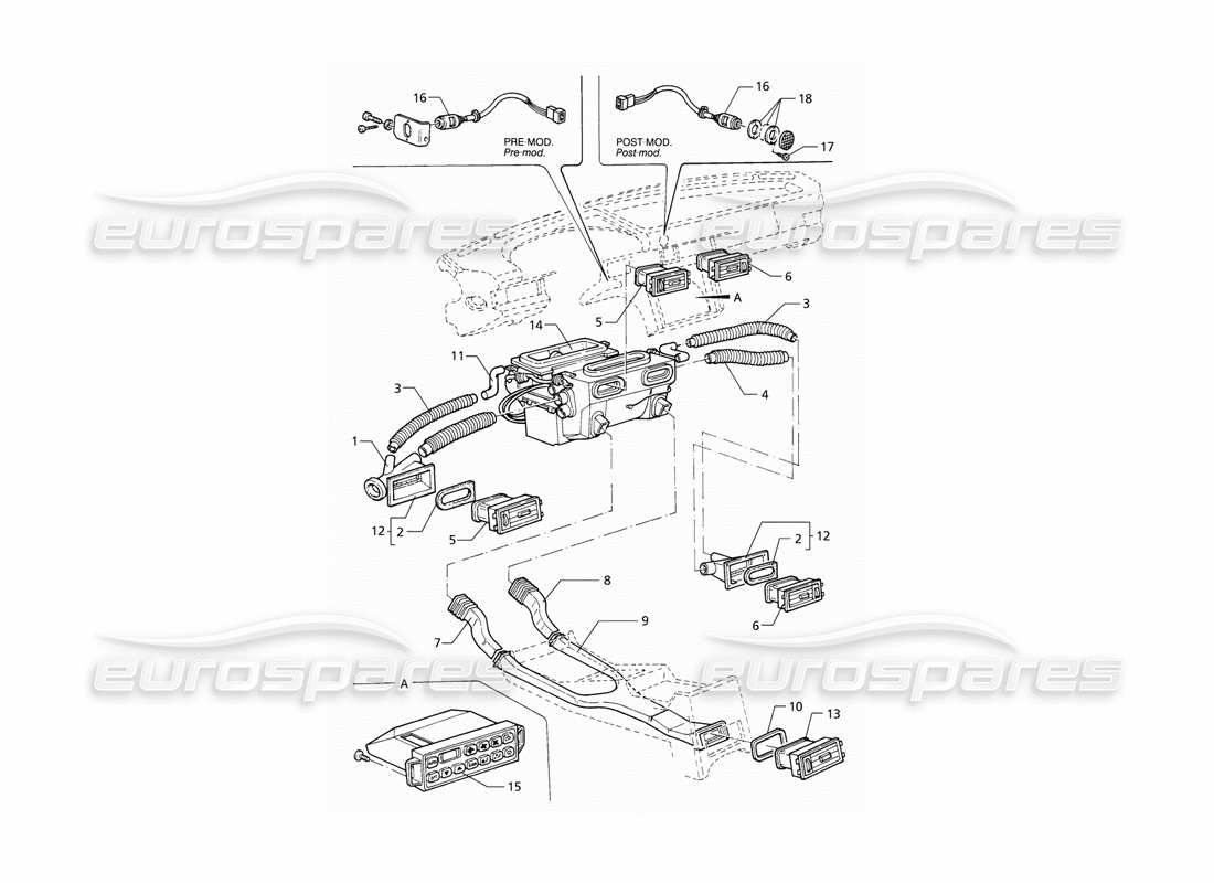 maserati qtp v8 (1998) diagramma delle parti della ventilazione dell'abitacolo (lhd).