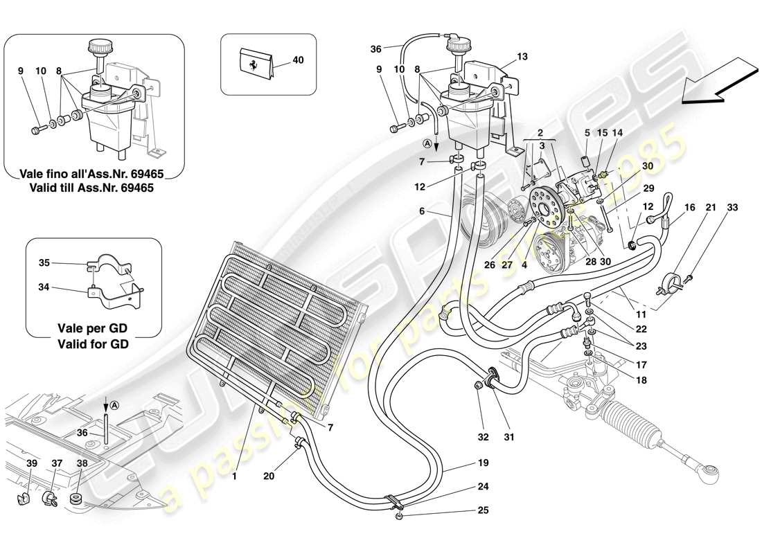ferrari 599 gtb fiorano (rhd) serbatoio del fluido idraulico, pompa e bobina per il sistema del servosterzo schema delle parti