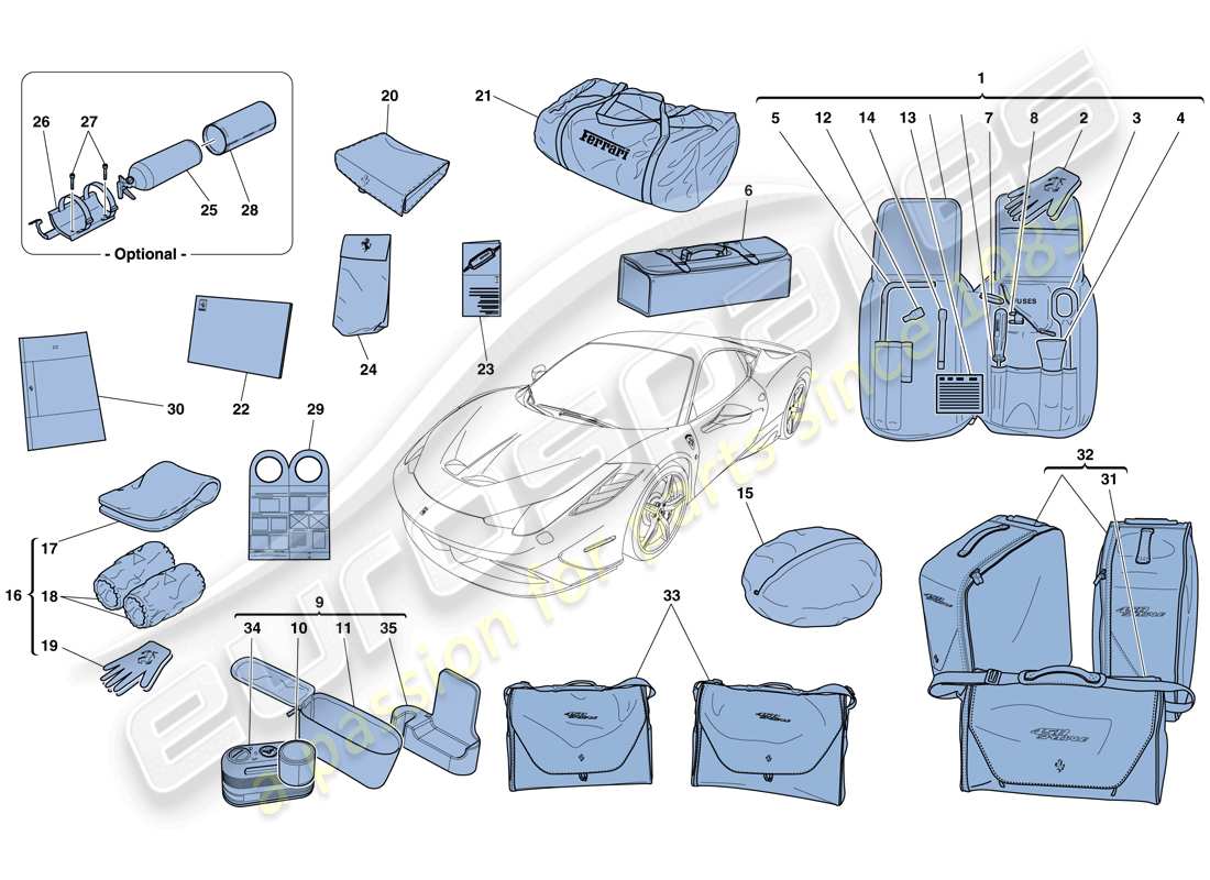 ferrari 458 speciale (rhd) mit dem fahrzeug gelieferte werkzeuge und zubehör teilediagramm