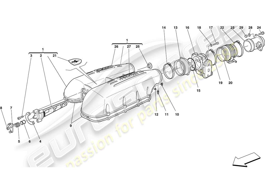 ferrari f430 coupe (rhd) copertura del collettore di aspirazione schema delle parti