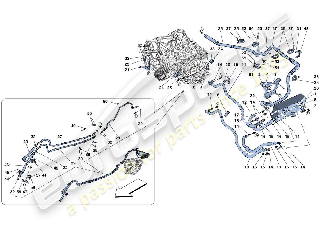 ferrari f12 tdf (usa) sistema di raffreddamento e lubrificazione dell'olio del cambio schema delle parti