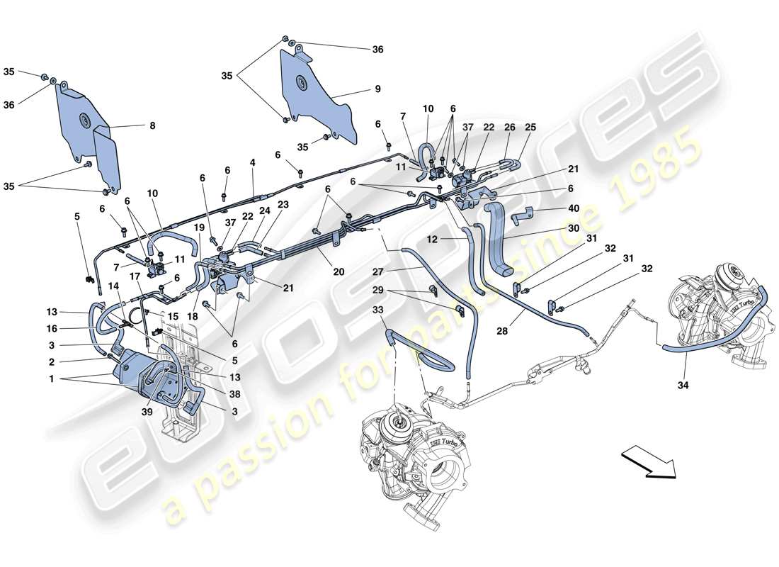 ferrari 488 spider (rhd) regolazioni del sistema di turbocompressione diagramma delle parti