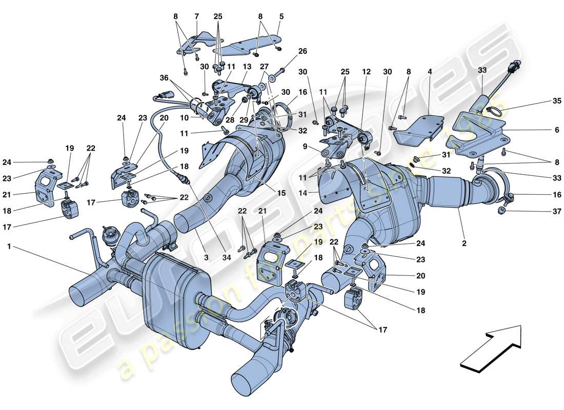 ferrari 488 gtb (rhd) diagramma delle parti del sistema di scarico