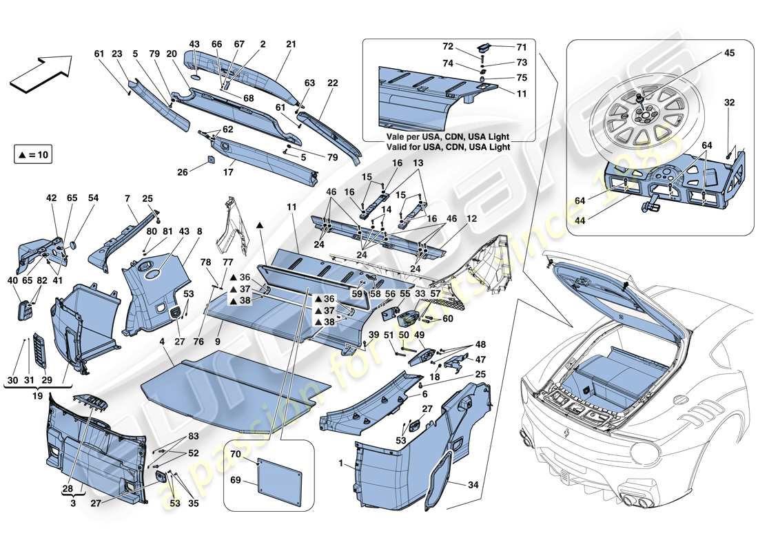 ferrari f12 tdf (usa) tappetini per vano bagagli diagramma delle parti