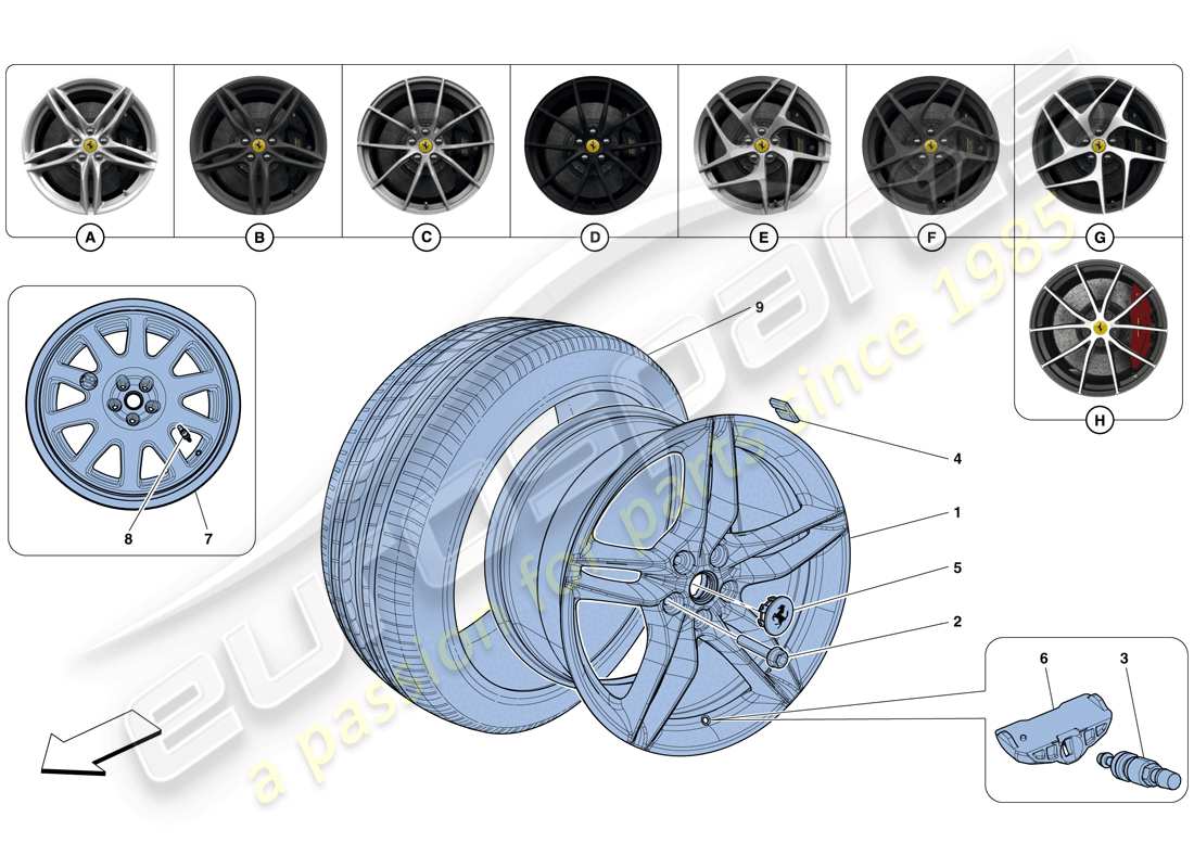 ferrari 812 superfast (rhd) ruote diagramma delle parti