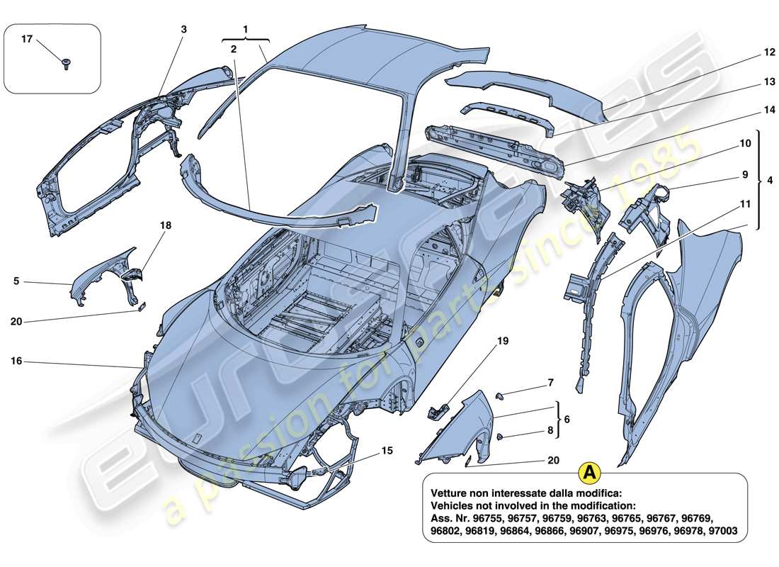 ferrari 458 italia (rhd) scocca - rivestimento esterno schema delle parti