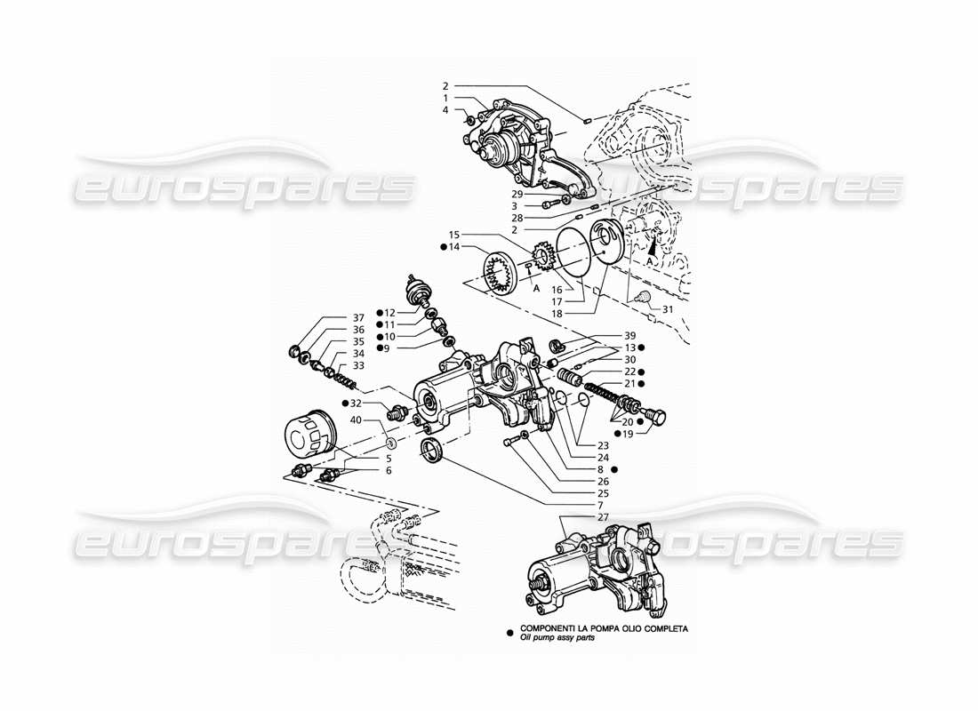 maserati qtp. 3.2 v8 (1999) diagramma delle parti della pompa dell'olio e della pompa dell'acqua (post modifica).