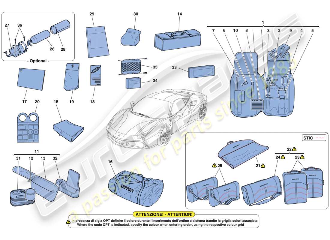 ferrari 488 gtb (rhd) attrezzi e accessori forniti con il veicolo diagramma delle parti