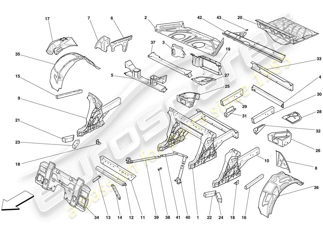 ferrari 599 sa aperta (rhd) strutture ed elementi posteriore del veicolo diagramma delle parti