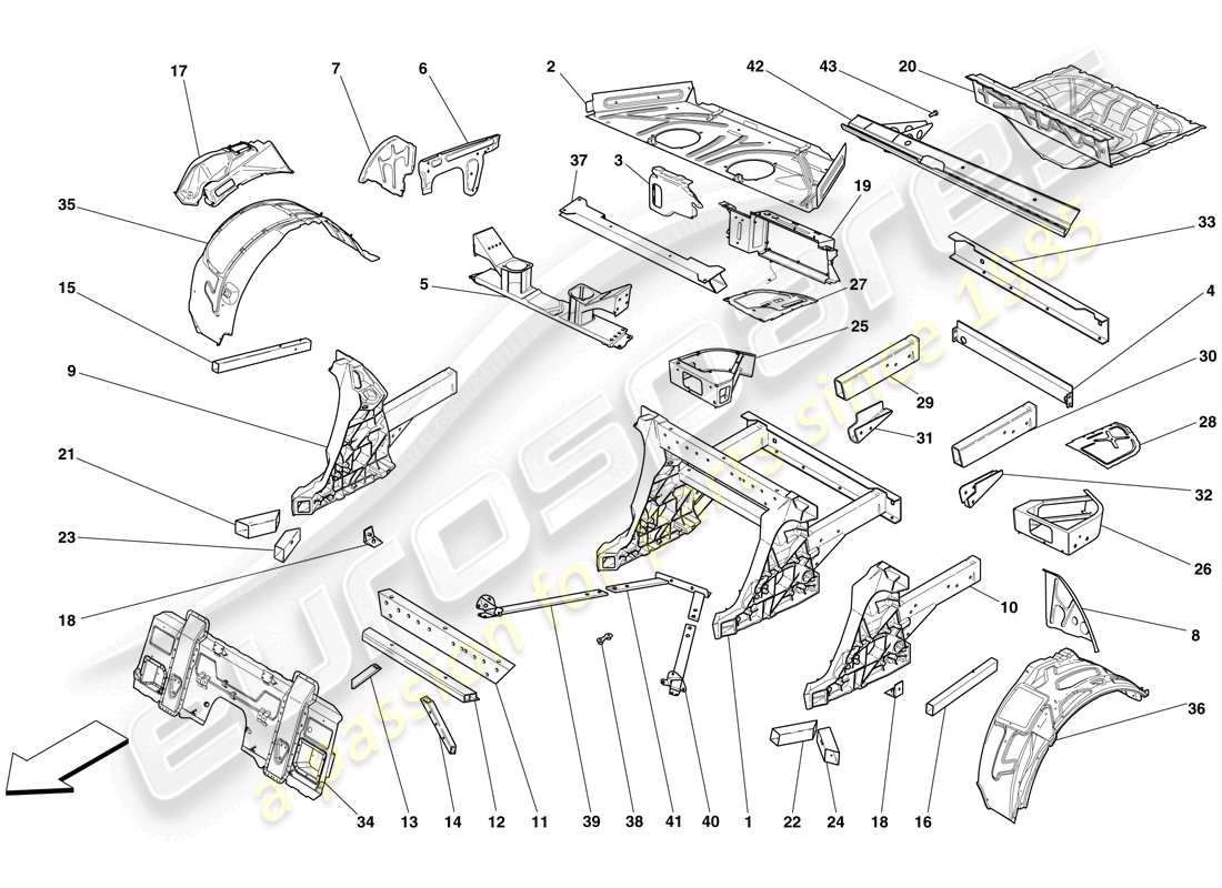ferrari 599 sa aperta (rhd) strutture ed elementi posteriore del veicolo schema delle parti