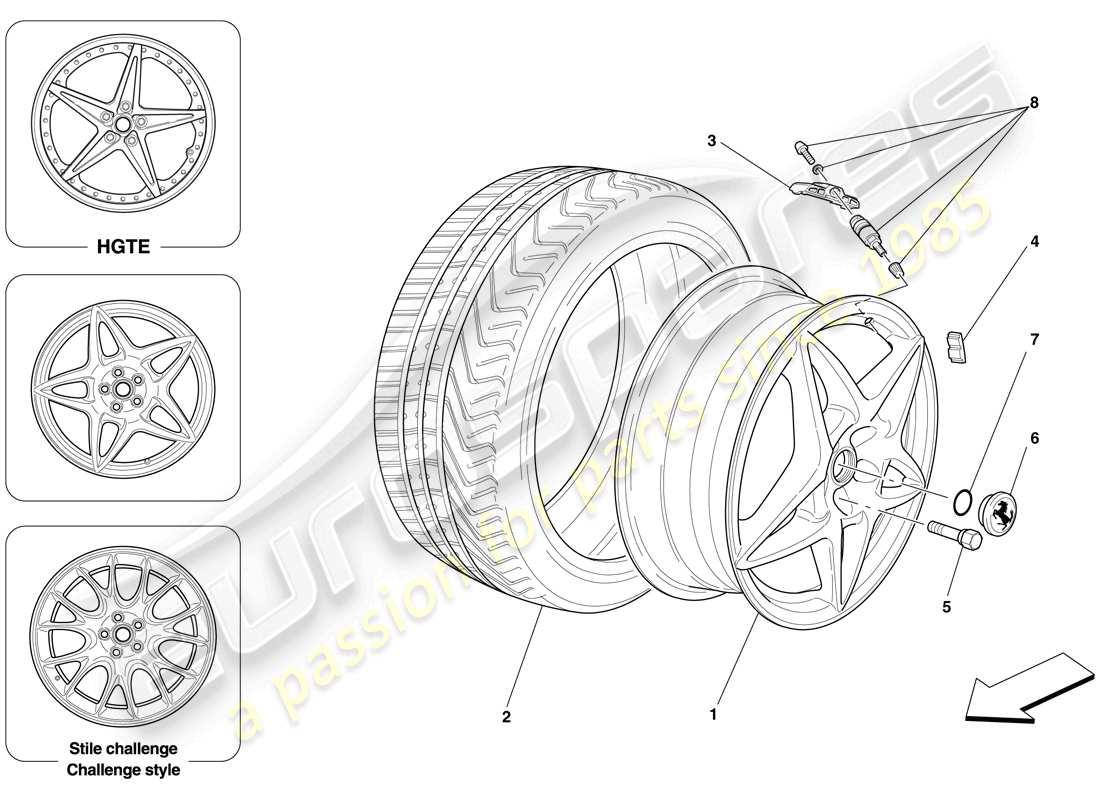 ferrari 599 gtb fiorano (rhd) ruote diagramma delle parti
