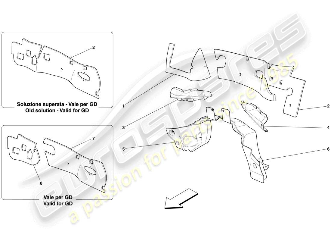 ferrari 612 scaglietti (rhd) isolamento frangifuga vano motore schema delle parti