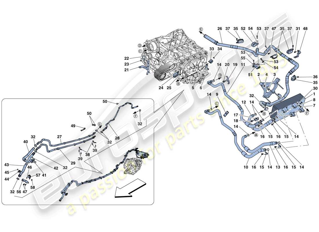 ferrari f12 tdf (rhd) sistema di raffreddamento e lubrificazione dell'olio del cambio schema delle parti