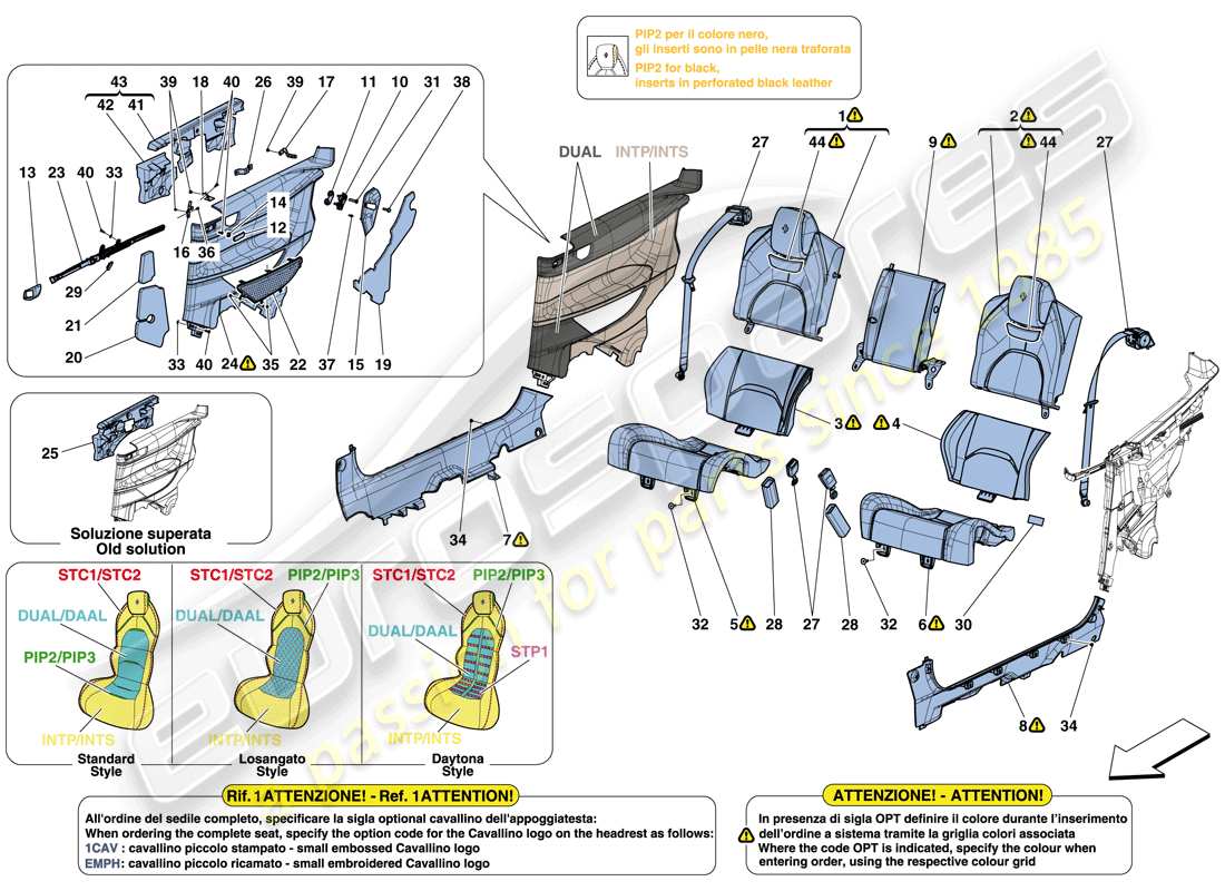 ferrari gtc4 lusso (usa) sedile posteriore - cinture di sicurezza - rivestimento interno schema delle parti