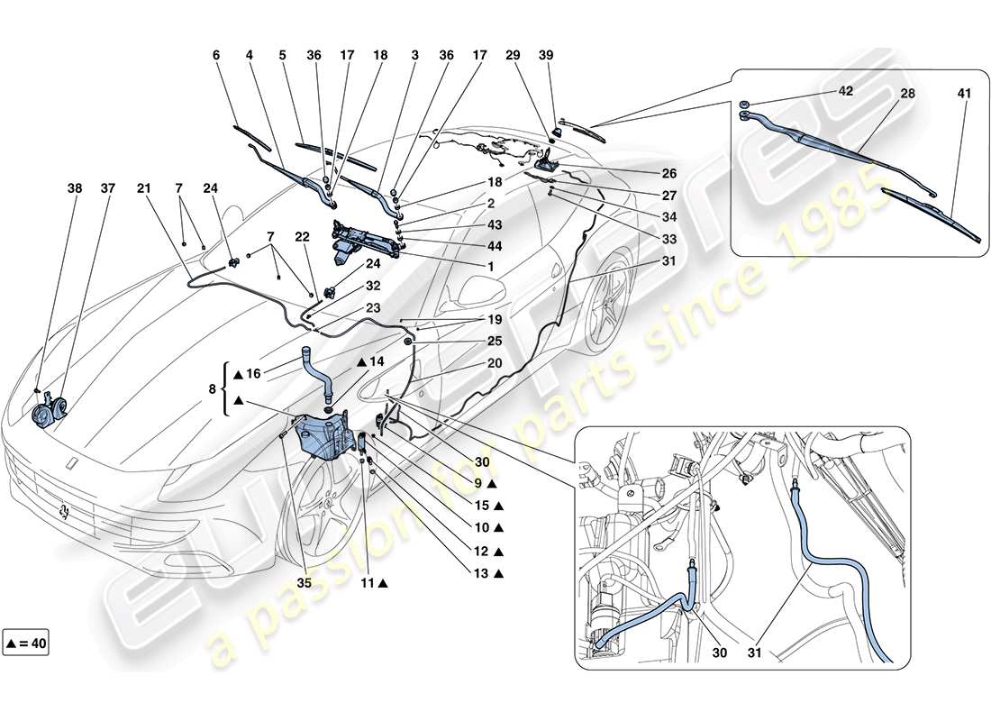 ferrari ff (rhd) tergicristallo, rondella e clacson schema delle parti