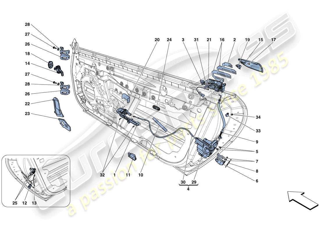 ferrari gtc4 lusso (usa) porte - meccanismi di apertura e cerniere schema parte