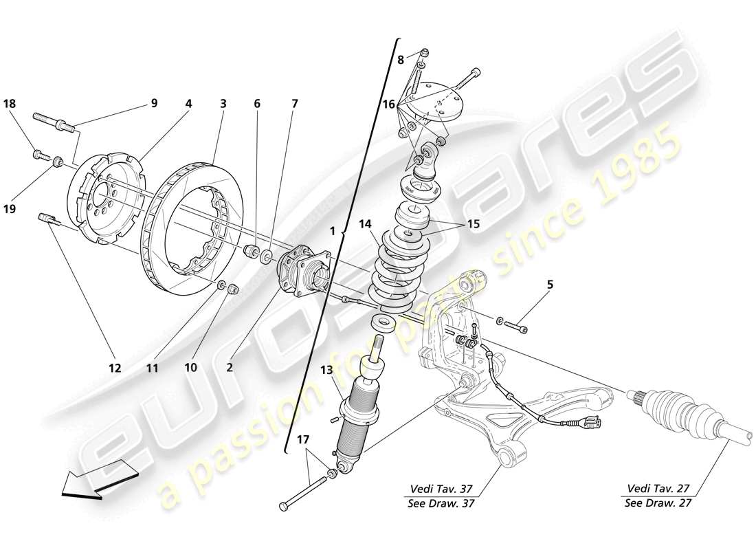 maserati trofeo sospensione posteriore: ammortizzatore e disco freno diagramma delle parti