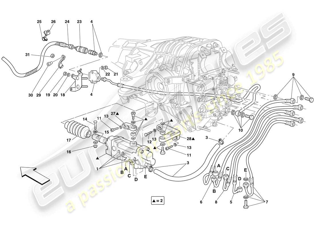 ferrari 599 sa aperta (rhd) f1 schema delle parti comando idraulico della frizione