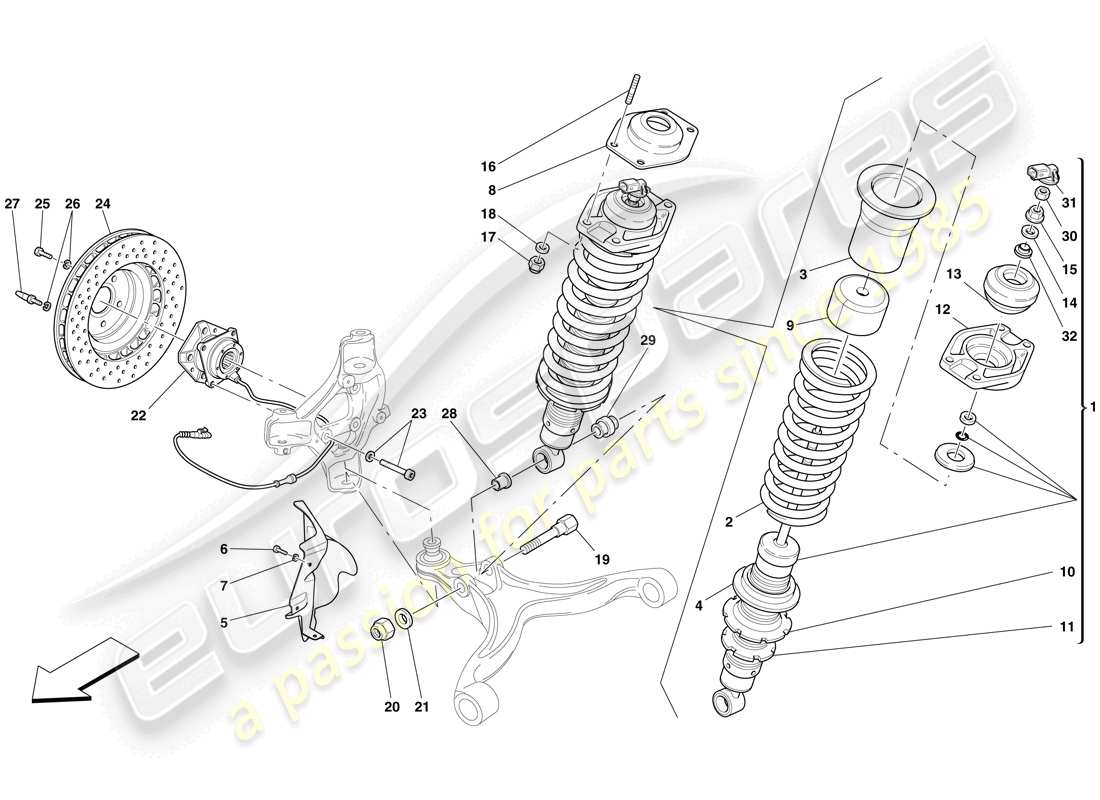 ferrari 599 sa aperta (rhd) sospensione anteriore - ammortizzatore e disco freno schema delle parti