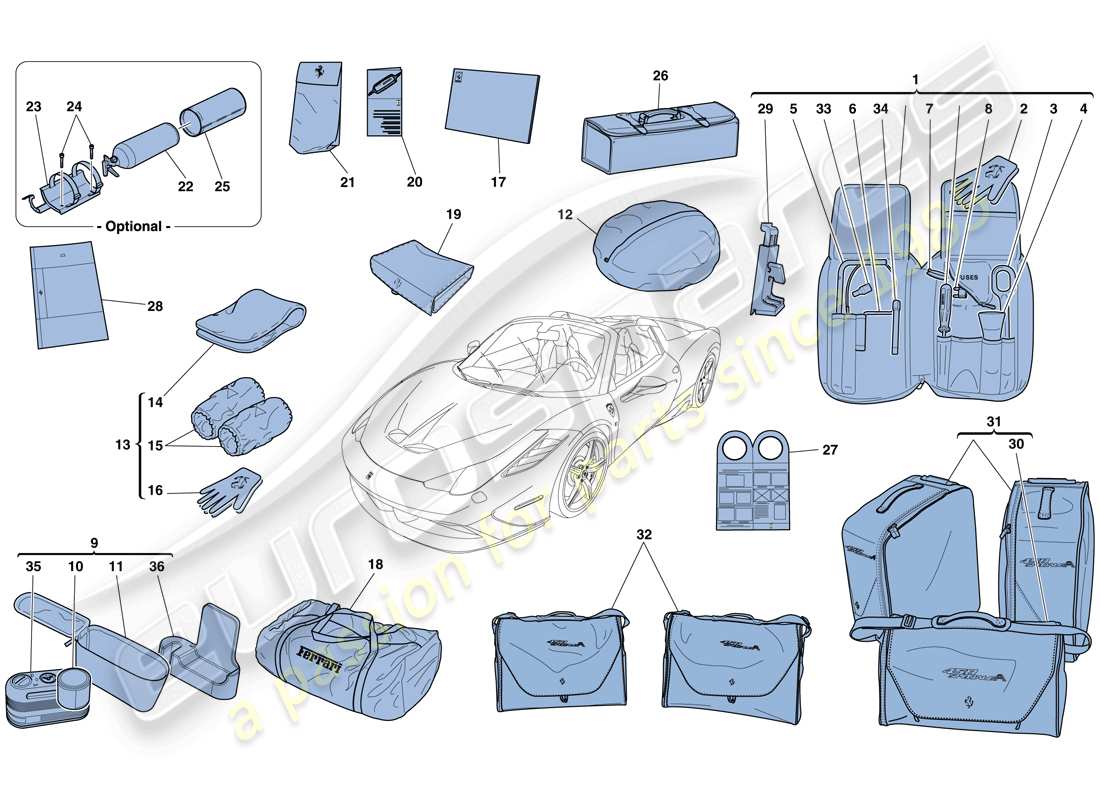 ferrari 458 speciale aperta (usa) attrezzi e accessori forniti con il veicolo schema delle parti