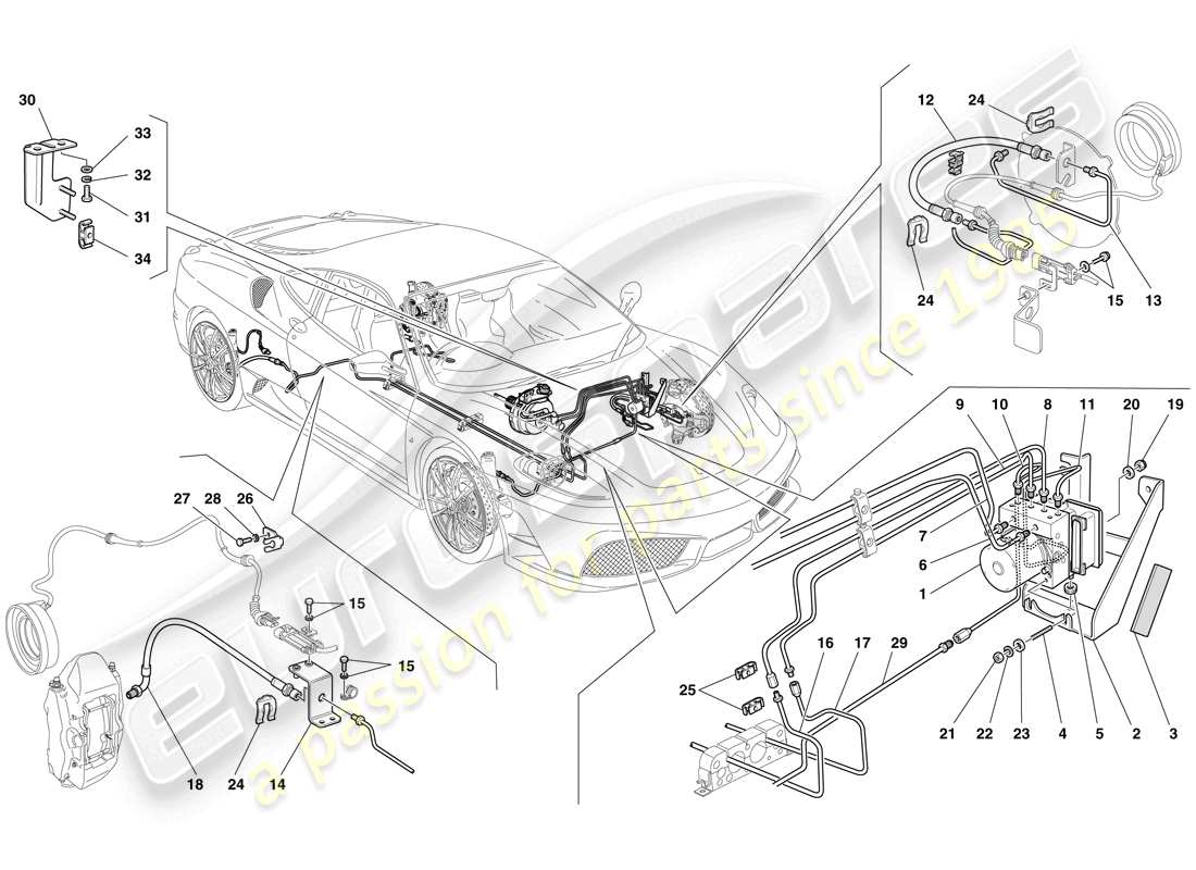 ferrari f430 scuderia spider 16m (rhd) sistema di frenaggio diagramma delle parti