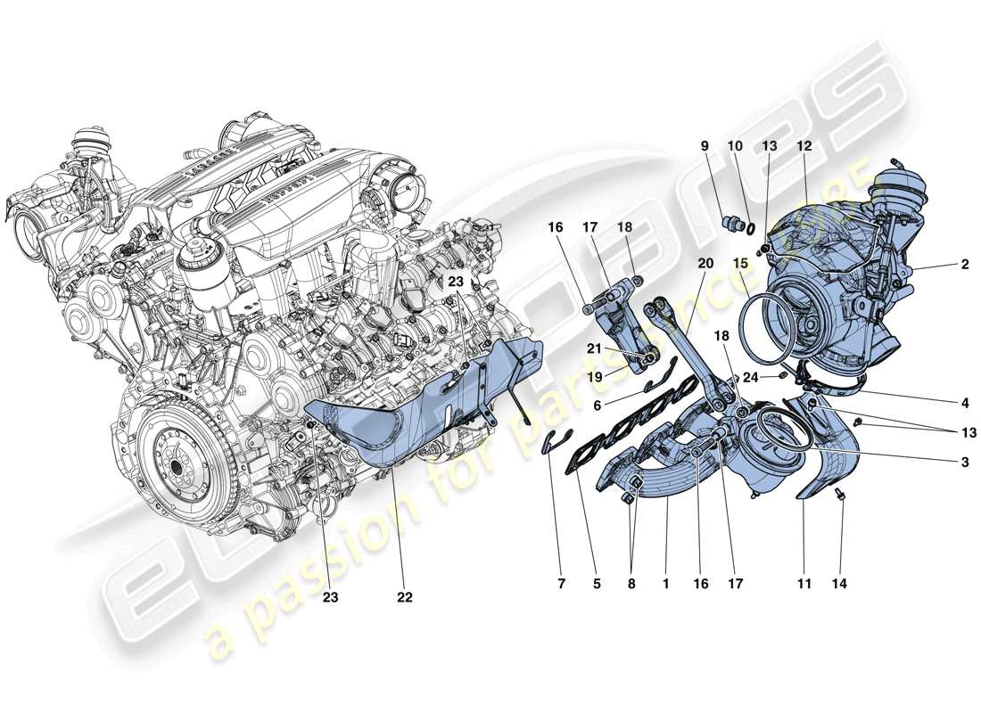 ferrari 488 gtb (rhd) collettori, sistema turbocompressore e tubi schema particolare