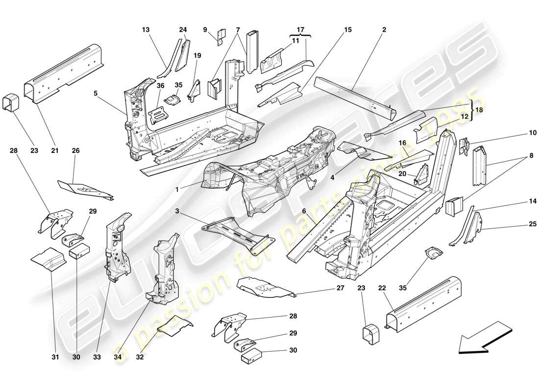 ferrari 599 sa aperta (rhd) strutture ed elementi centro del veicolo schema delle parti