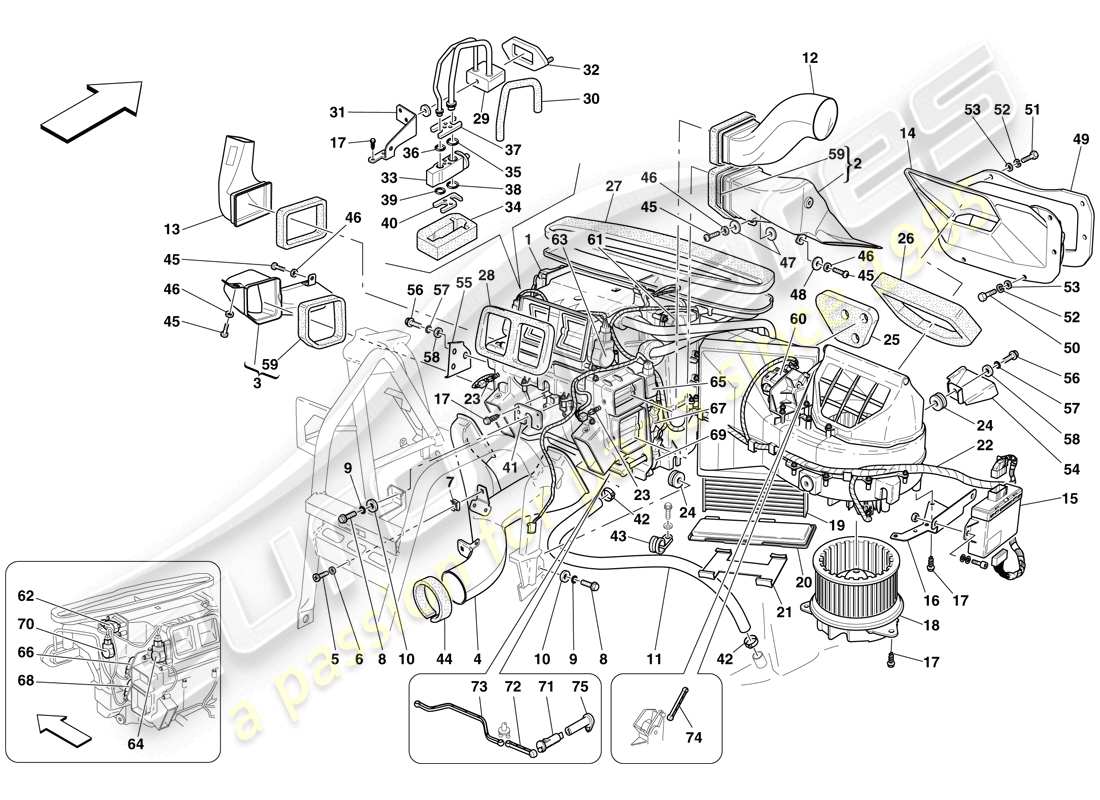 ferrari 612 sessanta (rhd) unità evaporatore e controlli diagramma delle parti