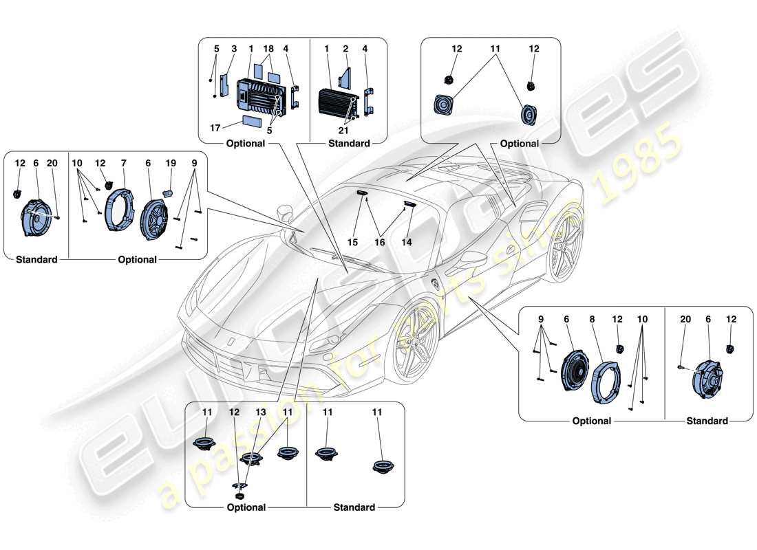 ferrari 488 spider (rhd) sistema di altoparlanti audio diagramma delle parti