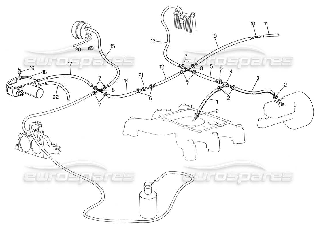 maserati 222 / 222e biturbo schema delle parti del sistema di evaporazione (sterzo sinistro con sonda lambda).