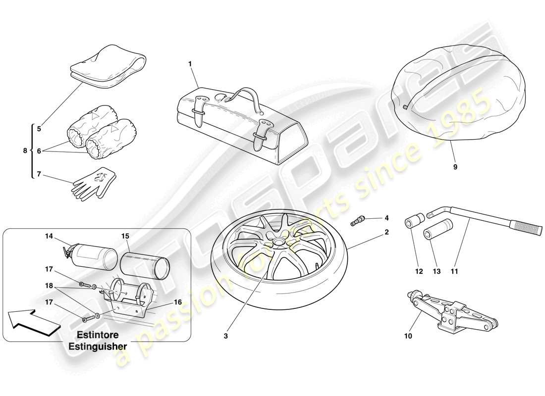 ferrari 612 scaglietti (rhd) ruota di scorta e accessori diagramma delle parti