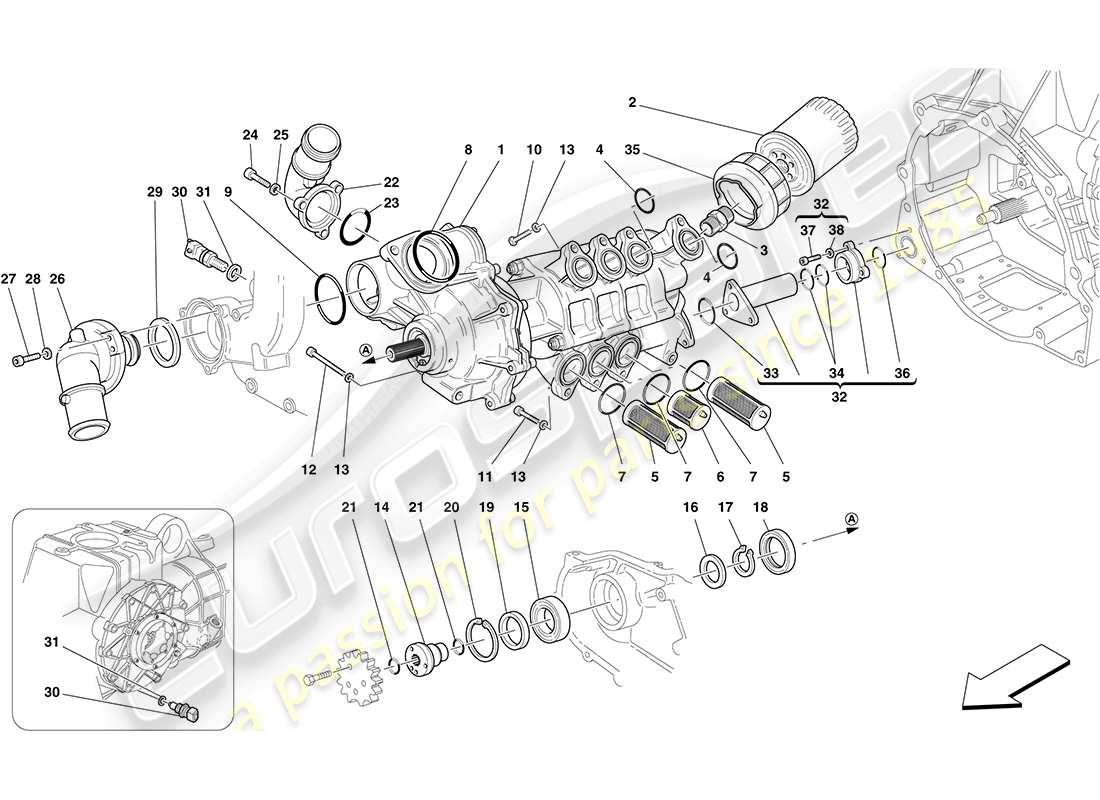 ferrari f430 coupe (rhd) pompa olio/acqua diagramma delle parti