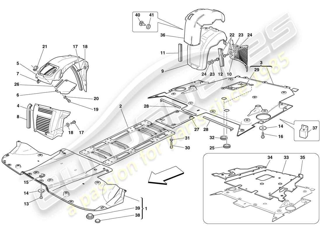 ferrari f430 spider (rhd) sottocorpone piatto e passaruote schema delle parti