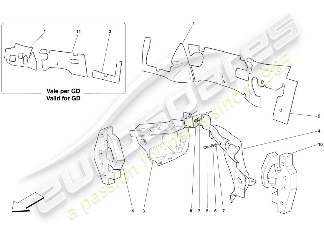 ferrari 599 sa aperta (rhd) isolamento frangifuga vano motore schema delle parti