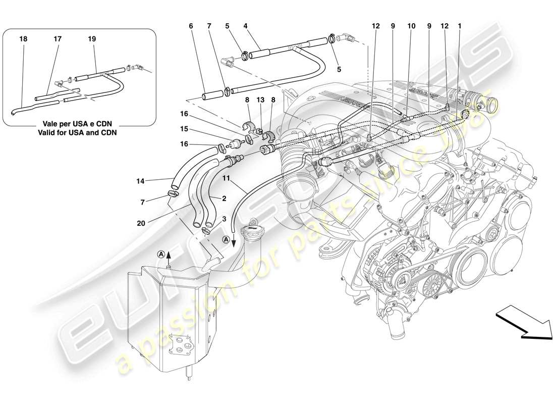 ferrari 599 sa aperta (rhd) sistema blow-by diagramma delle parti