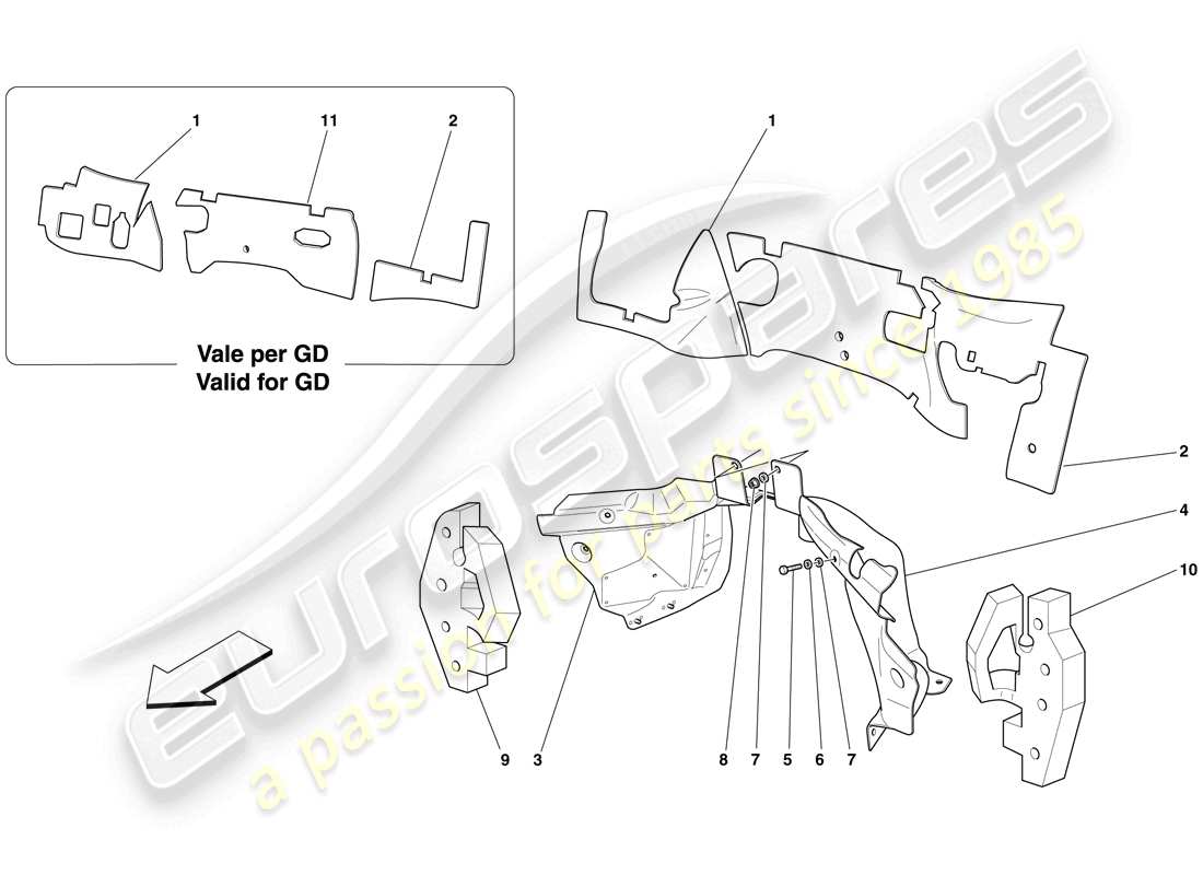 ferrari 599 gtb fiorano (rhd) isolamento firewall del vano motore diagramma delle parti