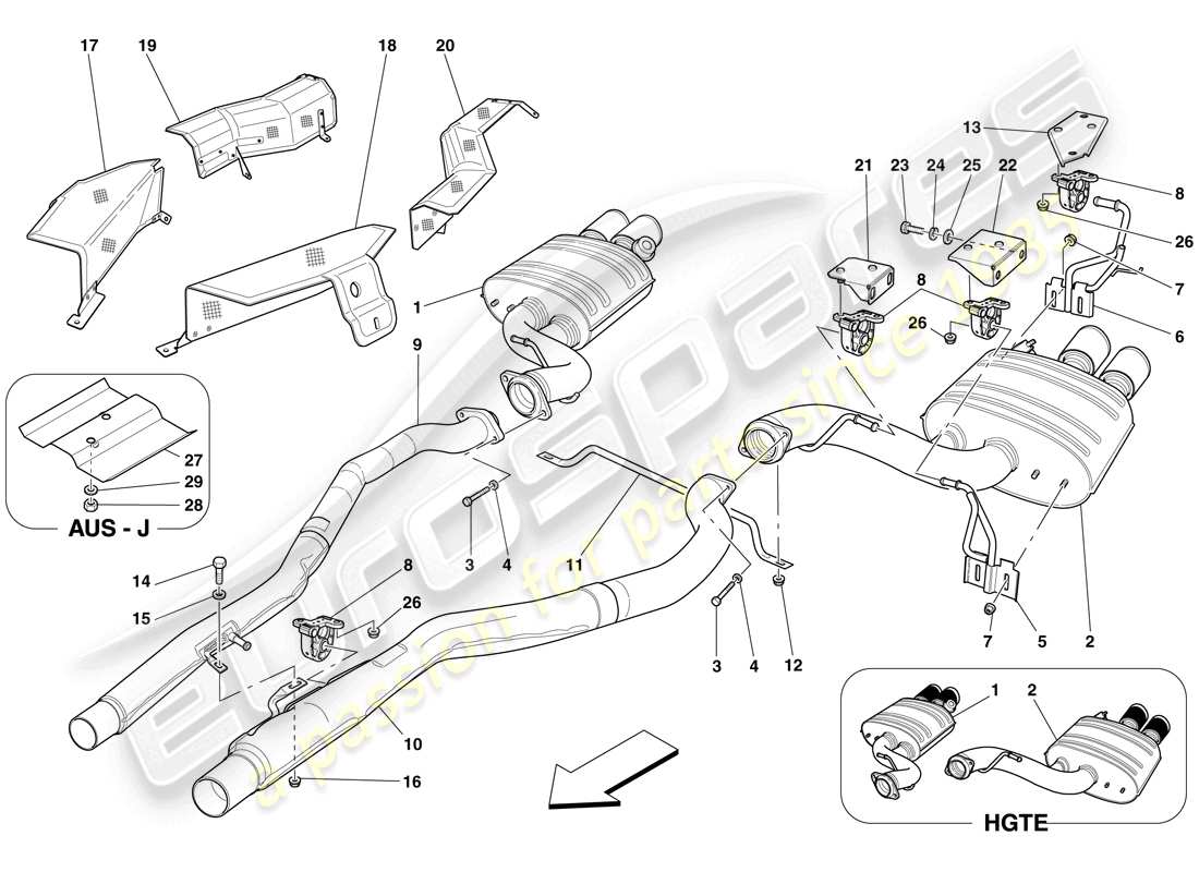 ferrari 599 gtb fiorano (rhd) sistema di scarico posteriore diagramma delle parti