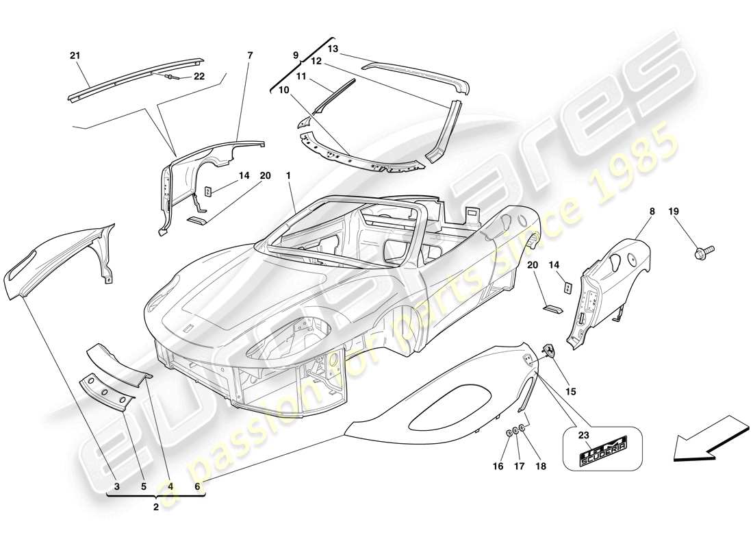 ferrari f430 scuderia spider 16m (europe) scocca - rivestimenti esterni schema delle parti