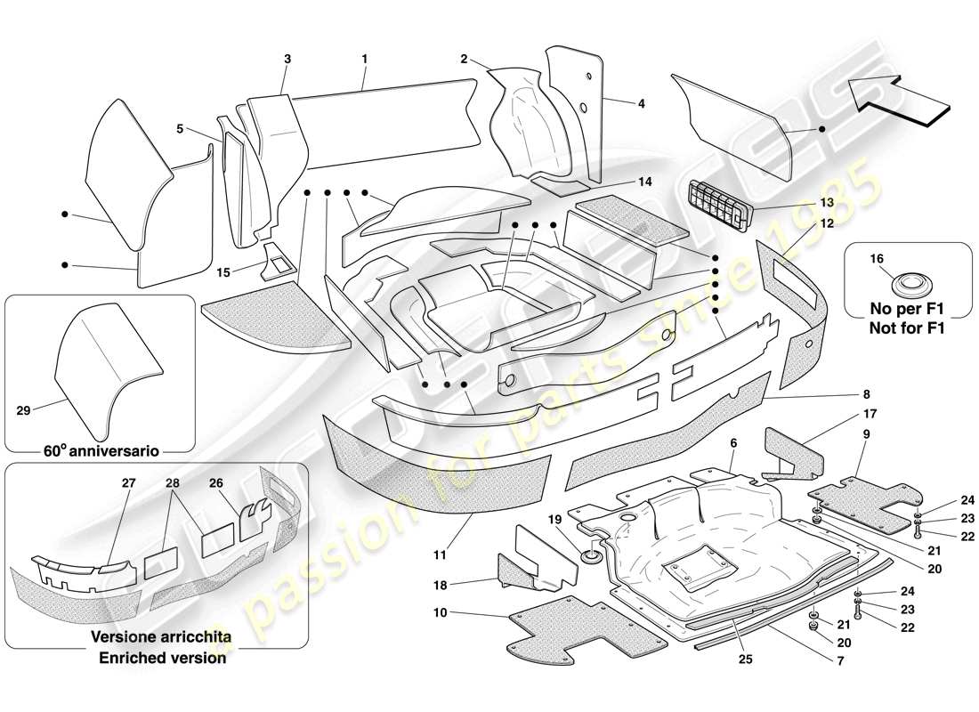 ferrari 612 scaglietti (rhd) isolamento del vano bagagli diagramma delle parti
