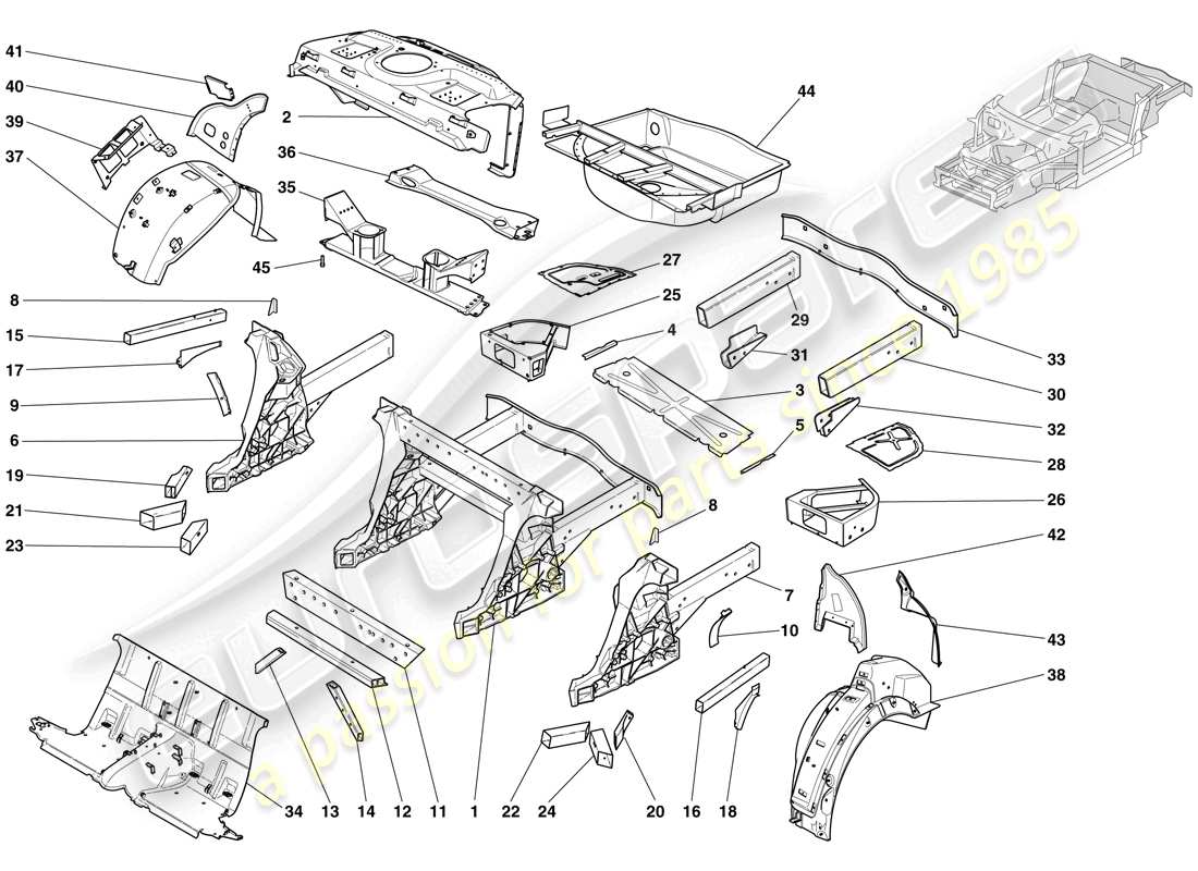 ferrari 612 sessanta (rhd) structures and elements, rear of vehicle part diagram