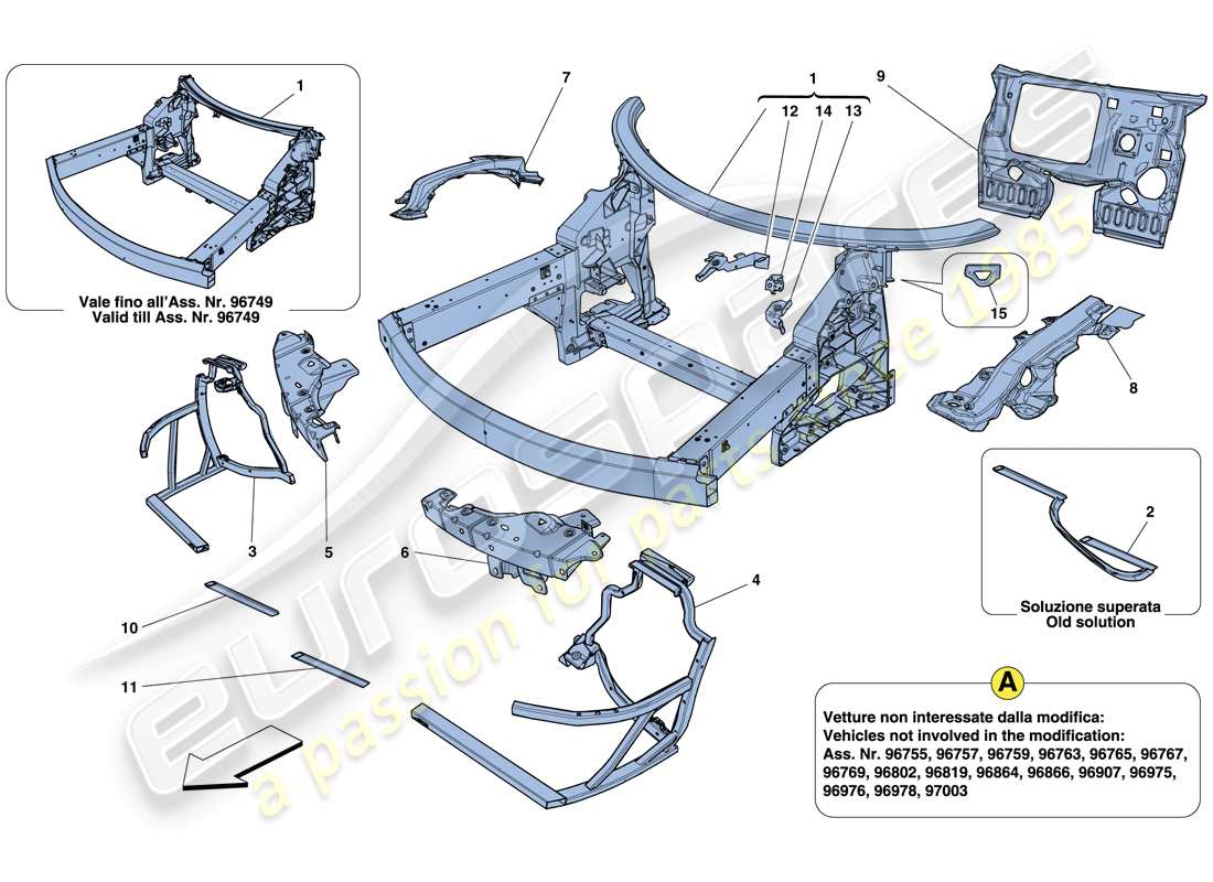 ferrari 458 italia (europe) telaio - struttura anteriore completa e pannelli diagramma delle parti