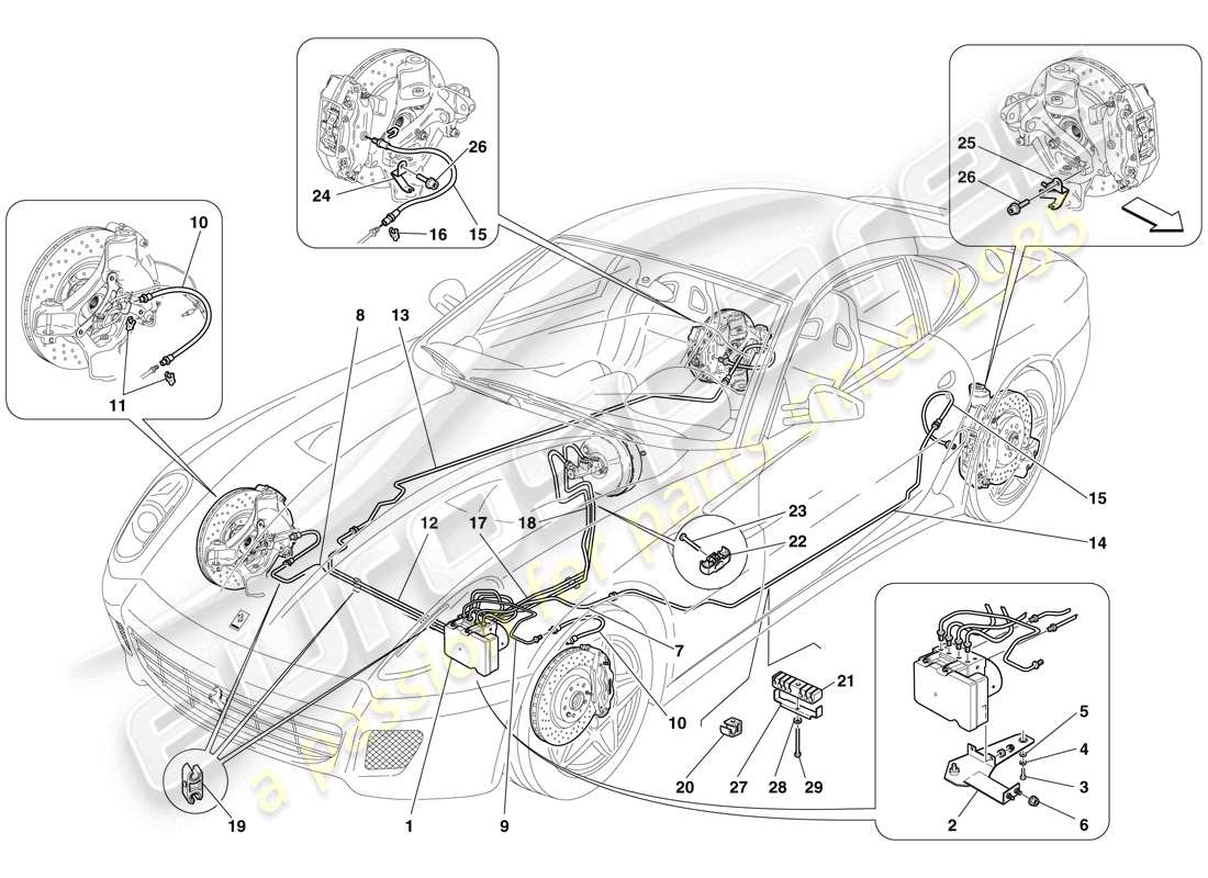 ferrari 599 gtb fiorano (rhd) sistema di frenaggio diagramma delle parti