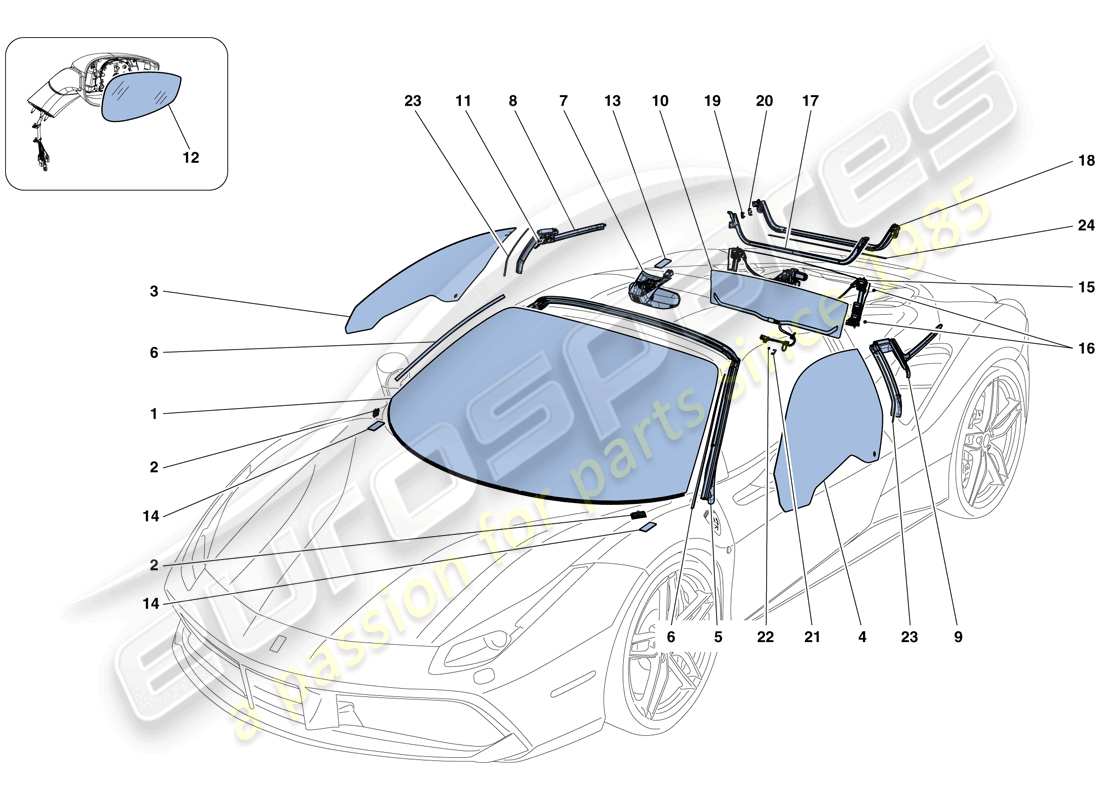 ferrari 488 spider (rhd) schermi, finestre e guarnizioni diagramma delle parti