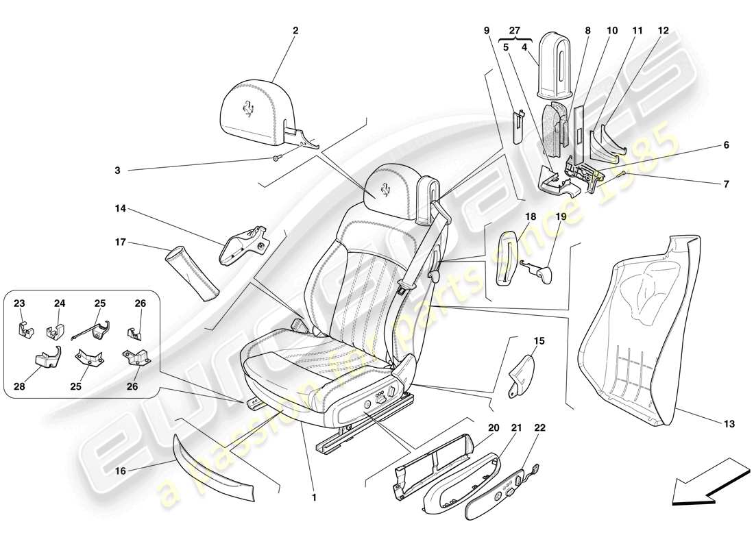 ferrari 612 scaglietti (usa) sedile anteriore elettrico - rivestimenti e accessori diagramma delle parti