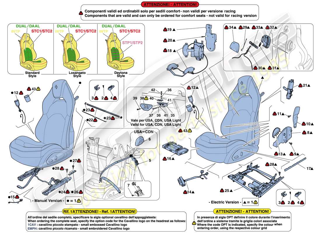 ferrari 488 gtb (usa) sedili - cinture di sicurezza, guide e regolazioni diagramma delle parti